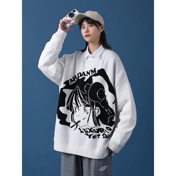 Áo Sweater cổ tròn dáng rộng họa tiết hoạt hình phong cách Hàn Quốc