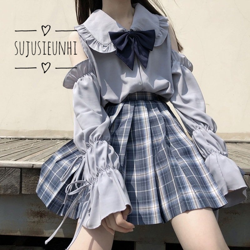 XẢ HÀNG (Lẻ) Áo xanh xám dài tay hở vai dễ thương phong cách học sinh Nhật Bản phối được nhiều kiểu-áo jk