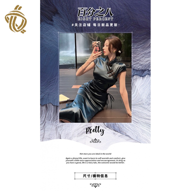 Sexy hollow-out waist drawstring improved cheongsam dress feminine French temperament slimming dress