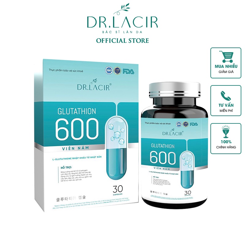 Viên uống trắng da glutathion 600 DR.LACIR hộp 30 viên và toner DR.LACIR 10ml và túí đựng mỹ phẩm 31cm