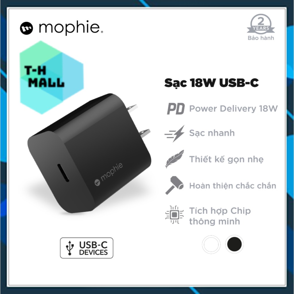 Sạc Mophie Power Delivery 18W USB-C Đen/ Trắng Sạc Nhanh Dành Cho Iphone/ Ipad Hàng Chính Hãng