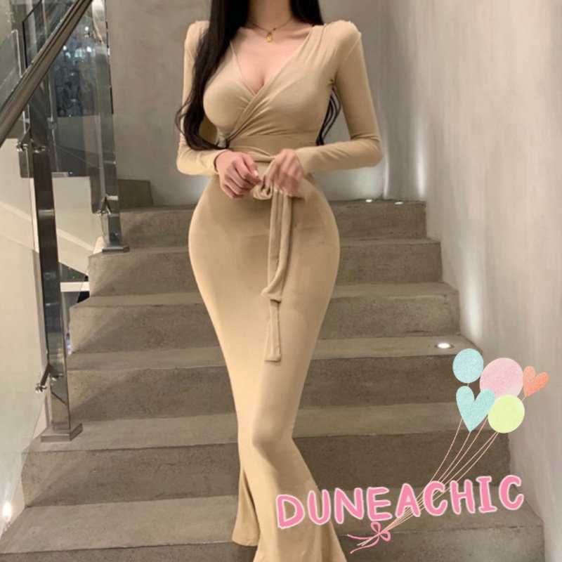 Đầm DUNEA tay dài cổ chữ V khoét sâu quyến rũ thời trang cho nữ