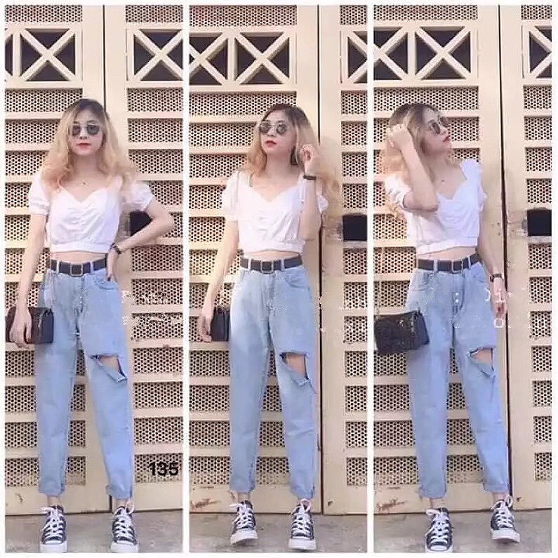 [𝐅𝐫𝐞𝐞 𝐒𝐡𝐢𝐩]Quần Jean Baggy nữ MunMunStore rách 1 bên, Quần Bò Xanh ULZZANG  chất jean mềm mại - dễ chịu From cá tính