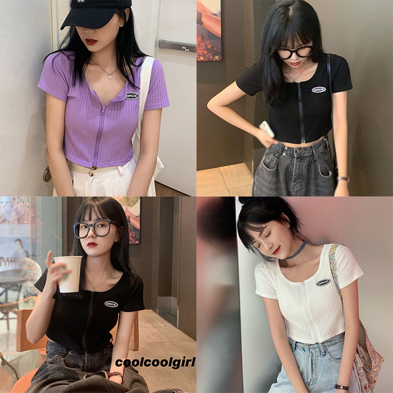 Áo Croptop Dệt Kim Tay Ngắn Thiết Kế Khoá Kéo Thanh Lịch