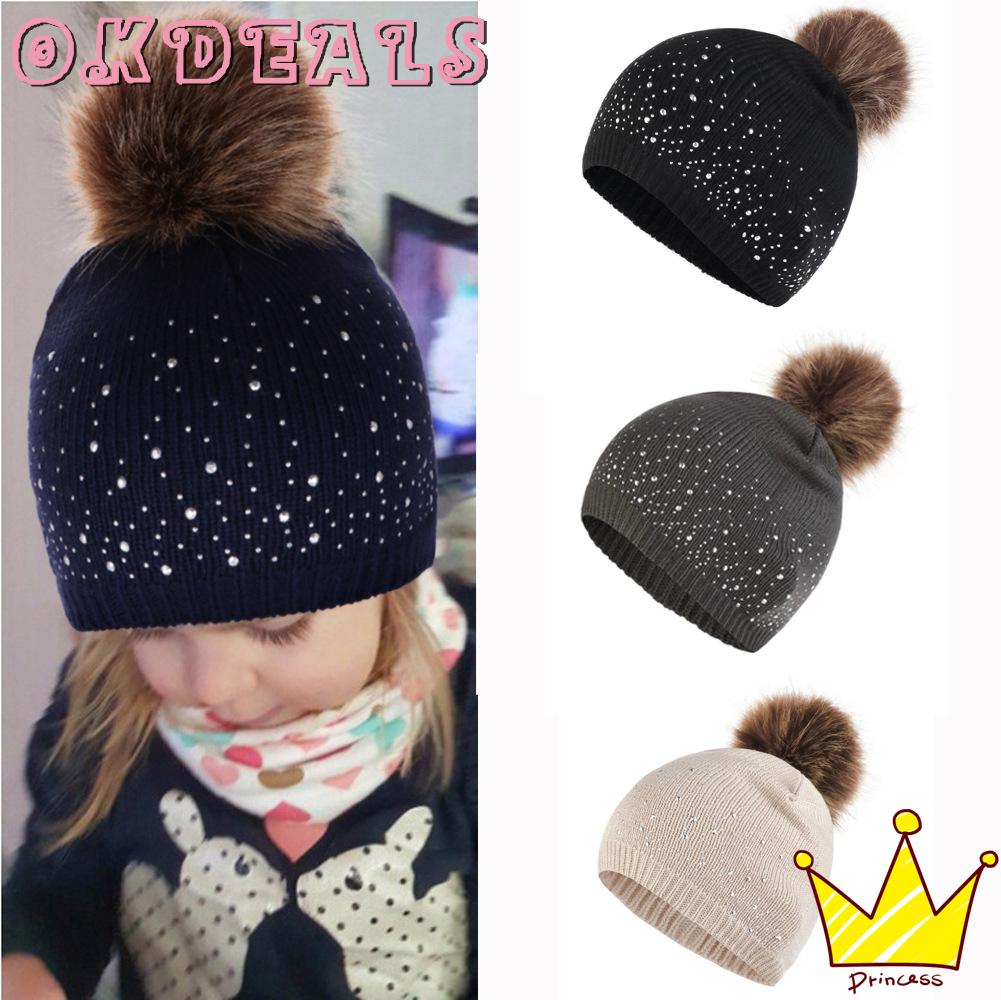 Mũ Beanie Đan Len Dày Dặn Giữ Ấm Đính Quả Bông Nhiều Màu Dễ Thương Cho Bé Trai / Gái