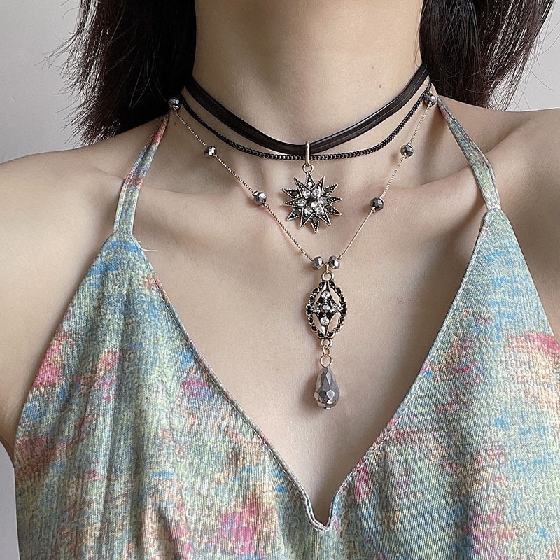 Vòng cổ bằng da CHOKER khí chất nữ thần Retro bảoque gothic pha lê nhiêu lớp khoe xương quai xanh