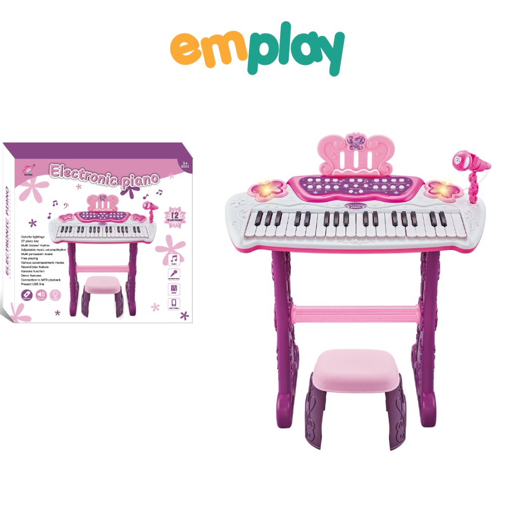 Đồ chơi đàn Piano điện tử màu hồng cao cấp cho bé Emplay cỡ to đại chân cao họa tiết cánh bướm có ghế ngồi và micro