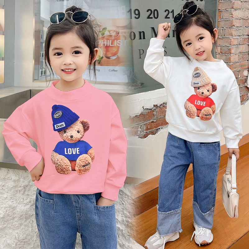 Áo Thun Cotton Tay Dài Cổ Tròn In Họa Tiết Hoạt Hình Phong Cách Hàn Quốc Thời Trang Xuân Thu Cho Bé Kích Thước 80-150cm