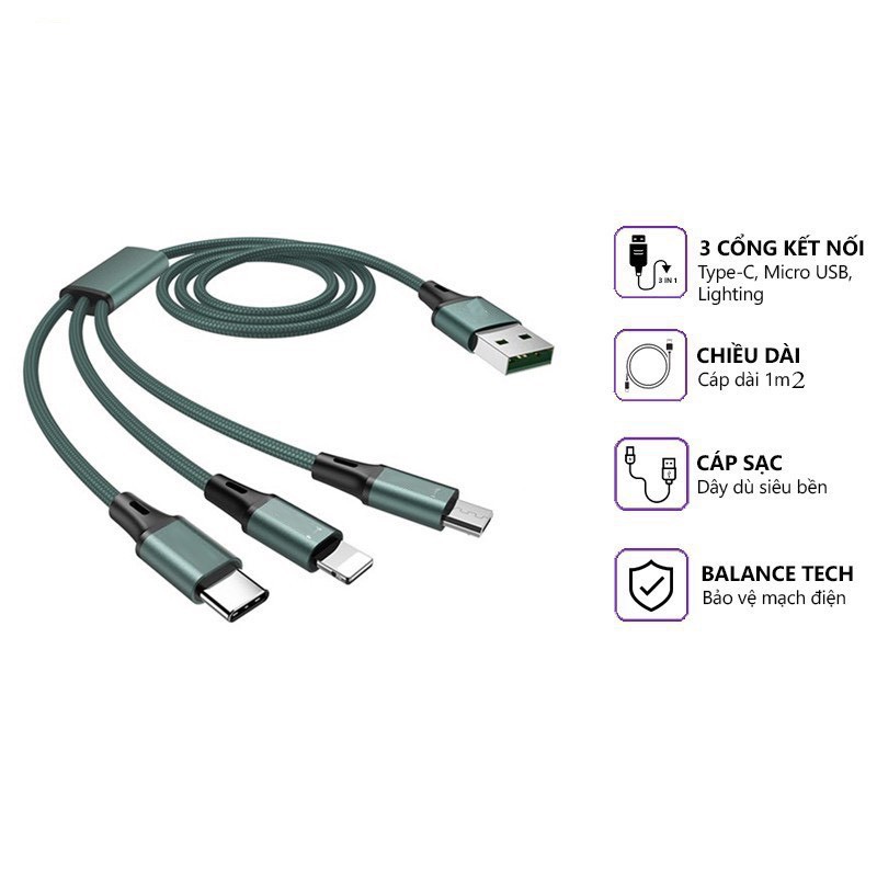 Cáp sạc 3 đầu, Dây sạc 3 đầu Lightning - TypeC - Micro dây bọc dù siêu bền siêu rẻ[ bảo hành 12 tháng]