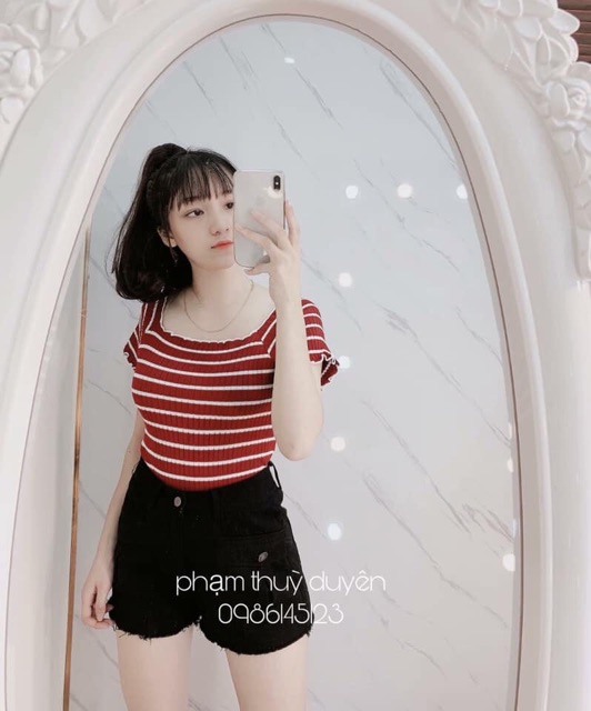 Áo trễ vai kẻ mã 407