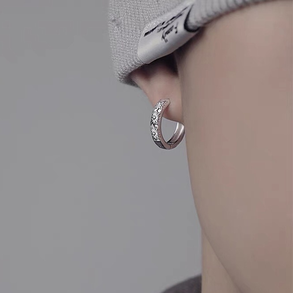 Bông tai, Khuyên tai nam nữ mạ bạc dáng tròn họa tiết hoa hướng dương cá tính, Độc đáo, Unisex, 1 chiếc