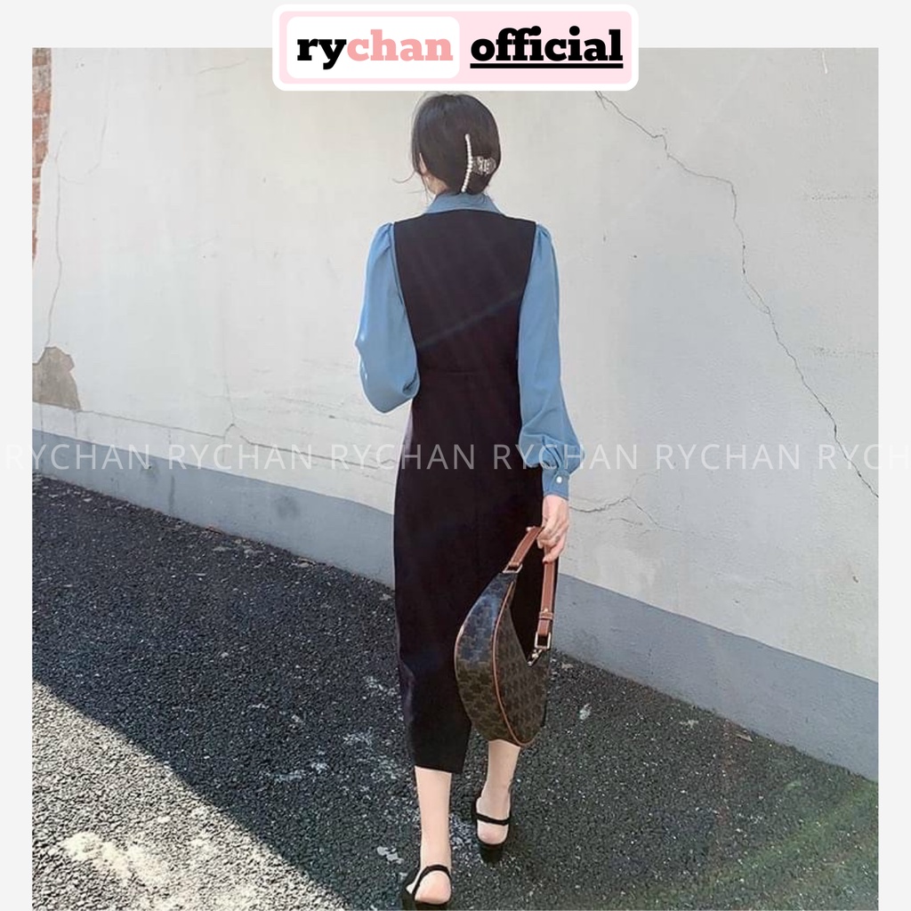 Đầm Váy Nữ Dự Tiệc Phối Yếm Dài Cổ Sơ Mi Tay Dài Cực Hàn Quốc - DX9736