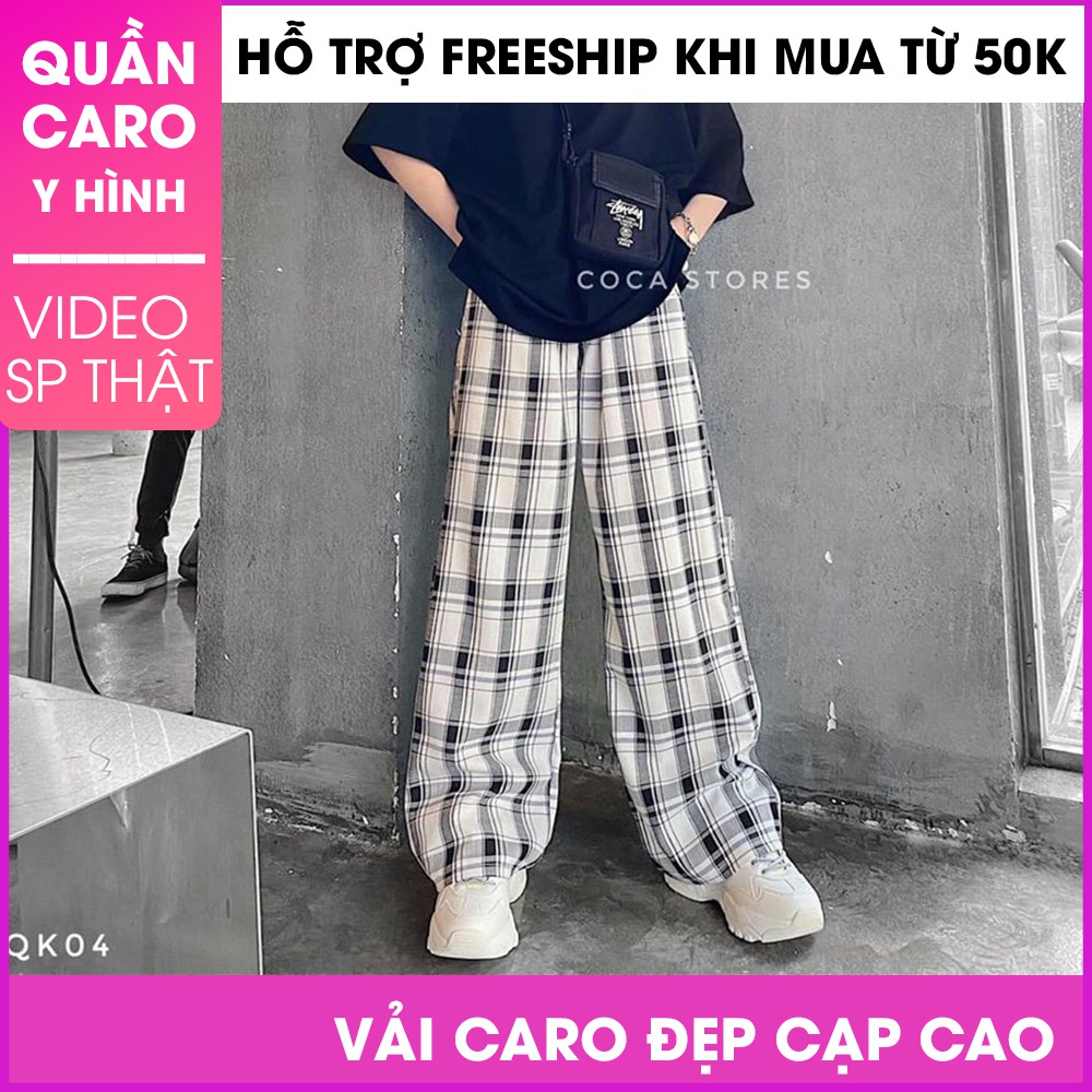 Quần kẻ thô ống rộng karo màu trắng[ảnh thật] quần culottes kẻ caro ống rộng lưng cao cho nữ