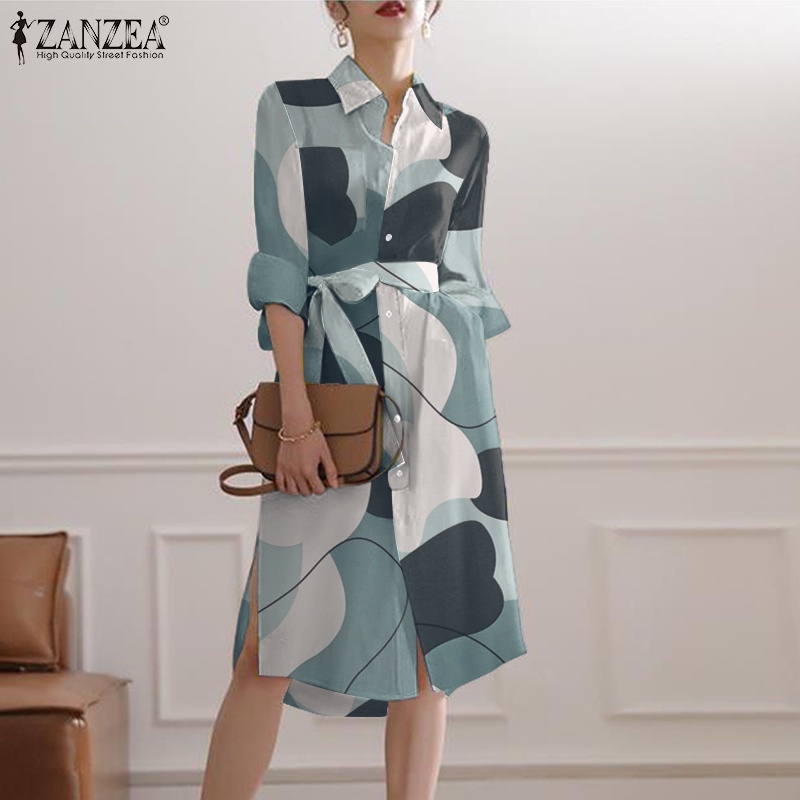 Đầm ZANZEA tay 3/ 4 in họa tiết hình học phong cách Hàn Quốc cho nữ