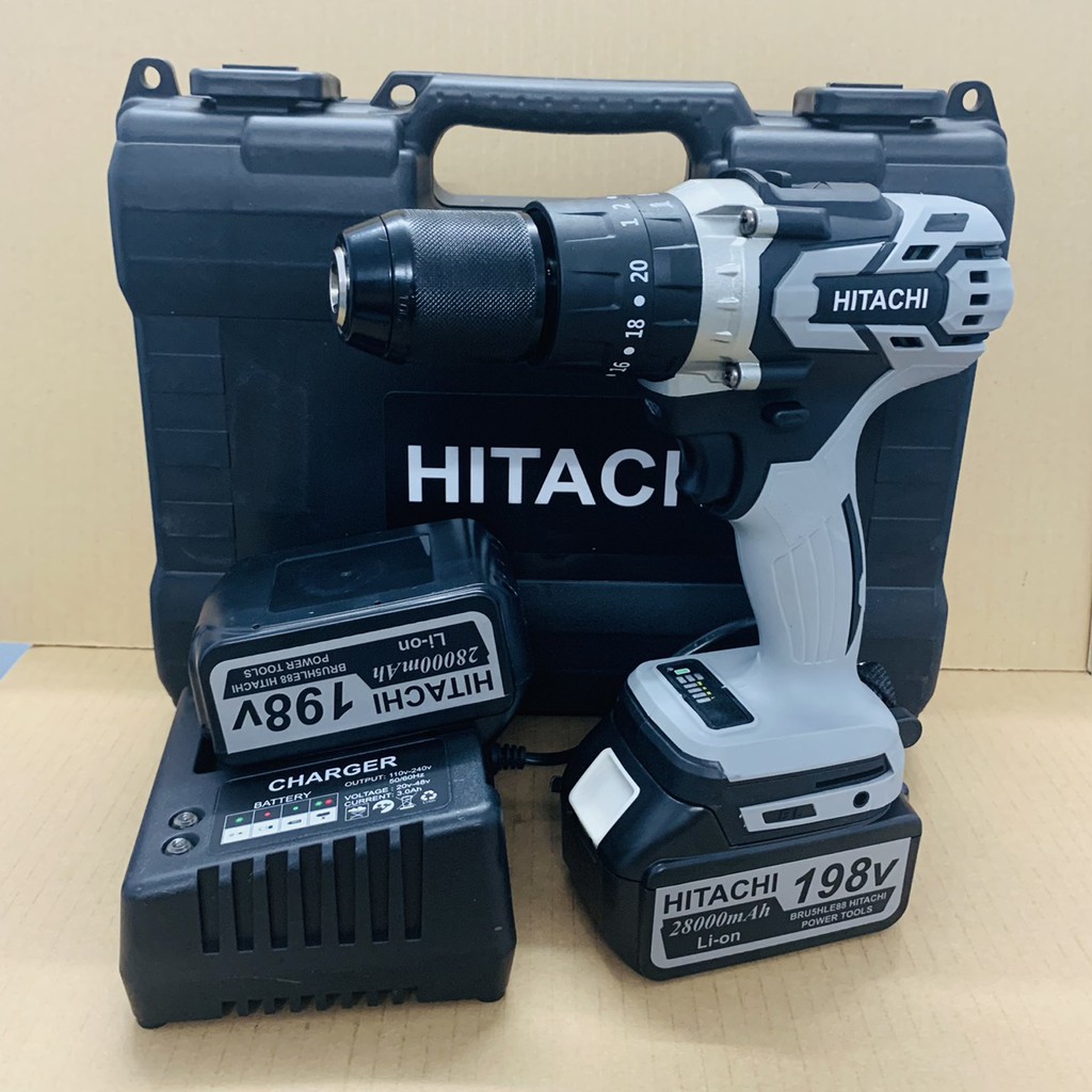 Máy khoan pin 198V Hitachi 3 chức năng có búa - Động cơ không chổi than siêu mạnh mẽ - Tặng kèm 10 mũi khoan cao cấp