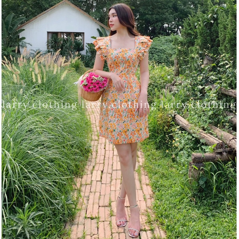 Đầm thiết kế nữ váy cổ vuông chiết eo tay bèo chất thô Hàn 2 lớp váy đi chơi thời trang thiết kế Larry Clothing V076