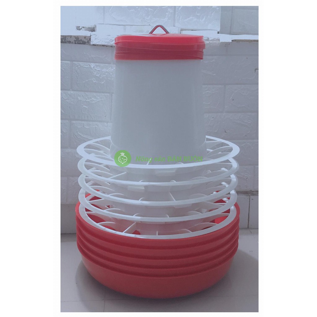 5 Máng Ăn Đại Đế Đỏ, Máng ăn Cho Gia Cầm (Gà, Vịt, Ngan, Ngỗng, Chim...) Chia ô, Có Móc Treo, ĐK Đế 45 cm, Chiều cao 30