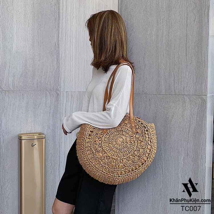[NowShip - Giao Ngay] Túi Cói Boho Vintage Đeo Vai, Đeo Chéo Hình Tròn Dây Da Màu Nâu Be Trơn