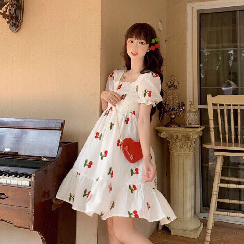 Đầm Tiểu Thư Nhún Thun hoạ tiết cherry Siêu Kute