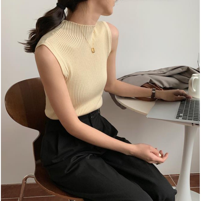 Áo dệt kim không tay phong cách retro Hong Kong cho nữ