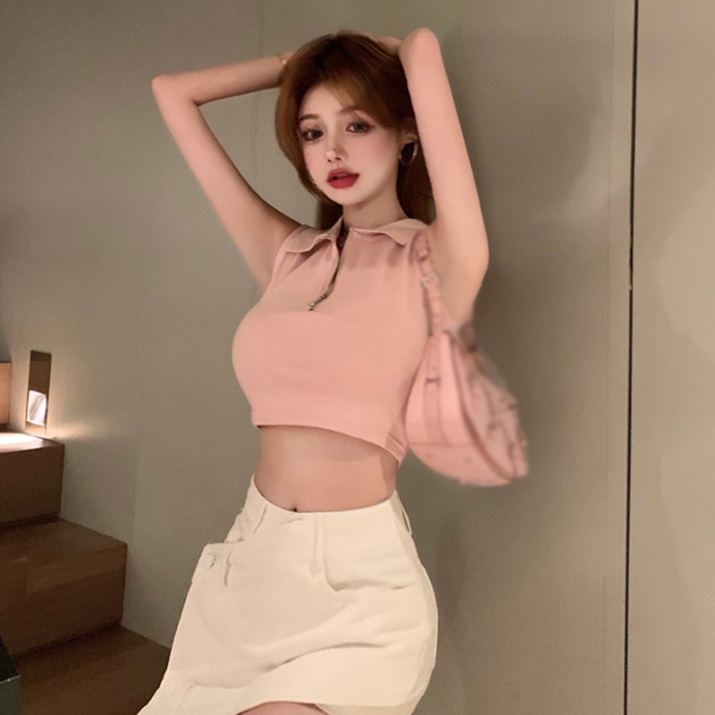 Áo Croptop Dệt Kim Sát Nách Phối Khóa Kéo Trước Thời Trang Mùa Hè Quyến Rũ Cho Nữ