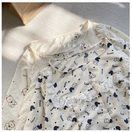 Bộ Pijama pha ren ngực cho mẹ mặc sau sinh_đồ bộ bầu cho con bú Chất liệu đũi xốp dày dặn cho mùa thu đông