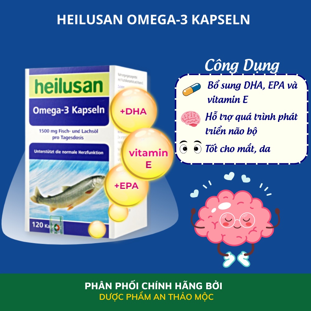 Viên uống Heilusan Omega 3 Kapseln bổ sung vitamin hỗ trợ phát triển tim mạch não bộ tốt cho da mắt hộp 120 viên