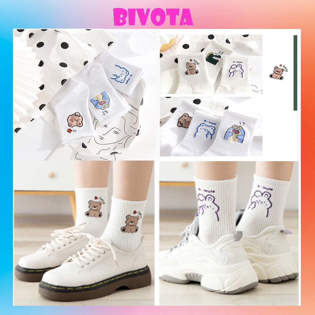 Tất cổ cao Bivota vớ nữ in hình ngỗ nghĩnh cotton thoáng khí phong cách Hàn Quốc cực xinh T139