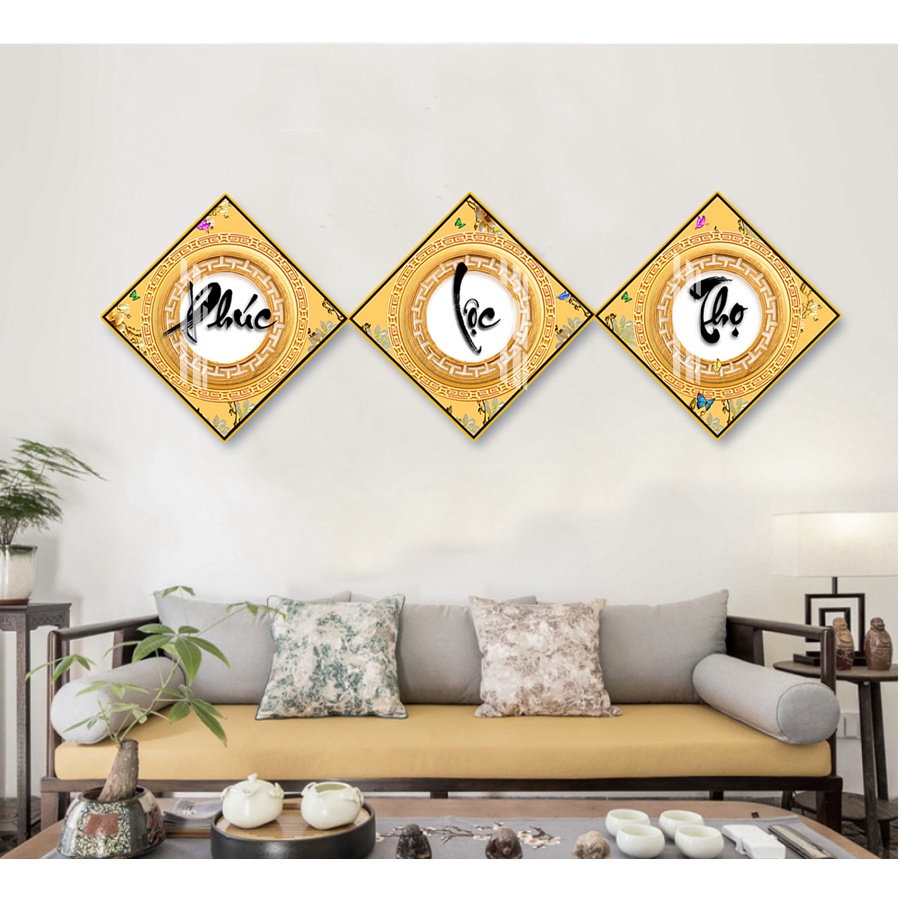 Bộ 3Tranh TRÁNG GƯƠNG PHÚC -  LỘC - THỌ 5D cao cấp treo phòng khách, phòng thờ, cầu thang