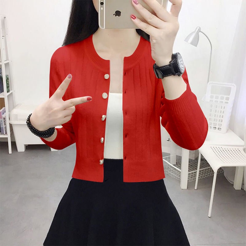 Áo Khoác Cardigan Len Cardigan Mỏng Tay Dài Cổ Tròn Màu Trơn Đơn Giản Phong Cách Phương Tây Thời Trang Xuân Thu