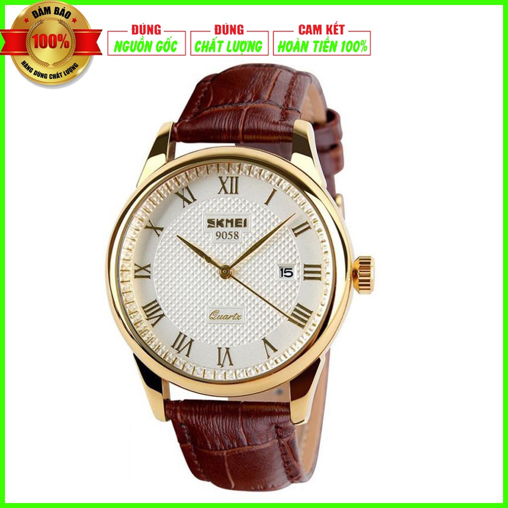 Đồng hồ nam SKMEI 9058, Chính Hãng, Dây Da, Mặt Số La Mã, Kiểu Dáng Cổ Điển, Sáng Trọng, Lịch Sự