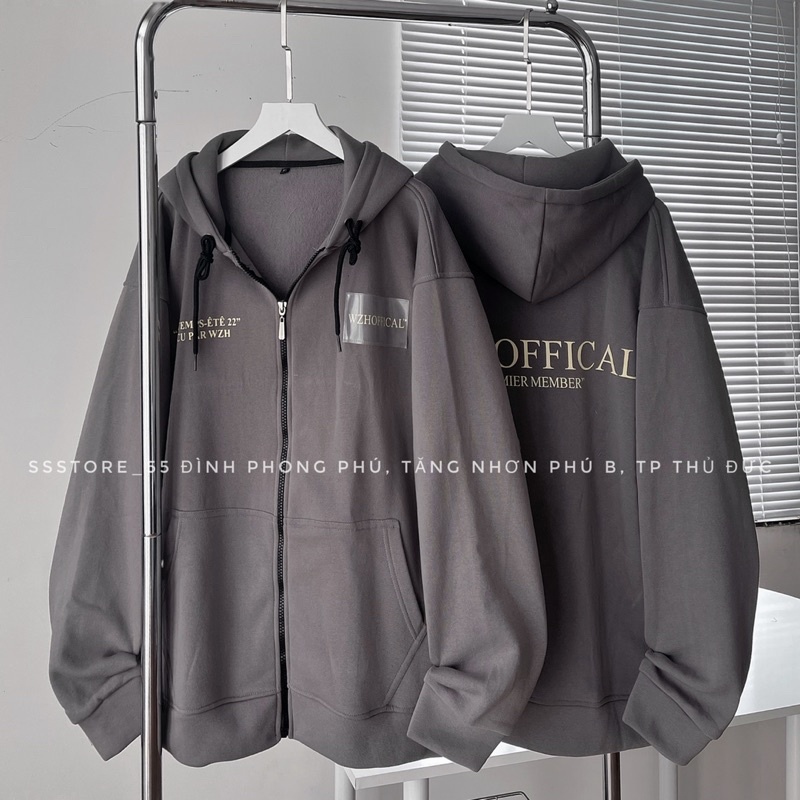 Áo khoác hoodie zip WZHOFFICAL có nón vải nỉ bông màu xám form rộng unisex nam nữ_ SSSTore
