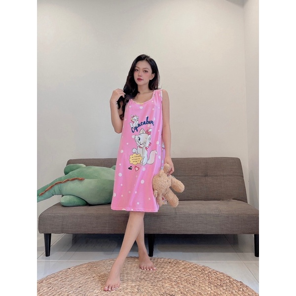Đầm ngủ sát nách , váy mặc nhà hoạ tiết hoạt hình dễ thương có Bigsize cho 75kg đổ lại