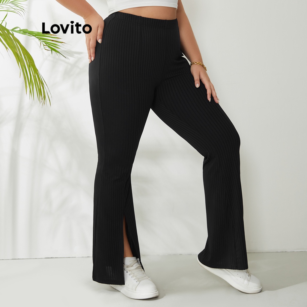Quần dệt kim nữ Lovito ống loe độ co giãn cao eo thun xẻ tà trước màu trơn thường ngày tôn dáng size lớn LPS01006 (Đen)