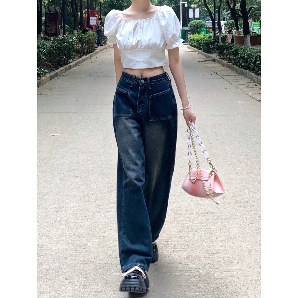 Quần jeans XIAOZHAINV ống rộng lưng cao thời trang mùa hè phong cách vintage