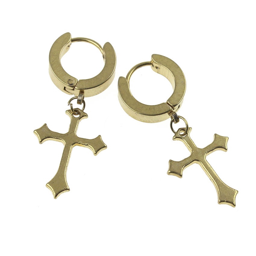 1Pair Men Women Stainless Steel Dangle Cross Ear Stud Hoop Huggies Earring