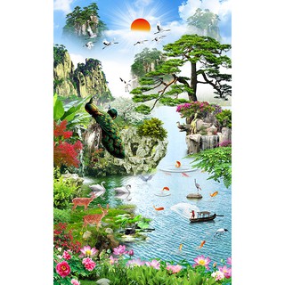 Tranh dán tường khổ dọc VTC phong thủy sơn thủy hữu tình UD0383 kim sa