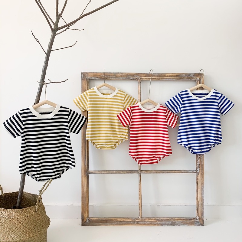 Bộ Áo Liền Quần Ngắn Tay Họa Tiết Kẻ Sọc Thời Trang Mùa Hè Cho Trẻ Sơ Sinh