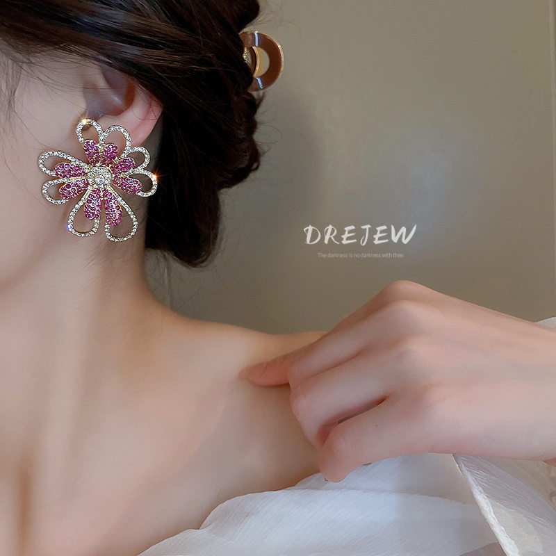 DREJEW Bông Tai Mạ Bạc Hình Hoa Đính Kim Cương Giả Phong Cách Âu Mỹ Sang Trọng