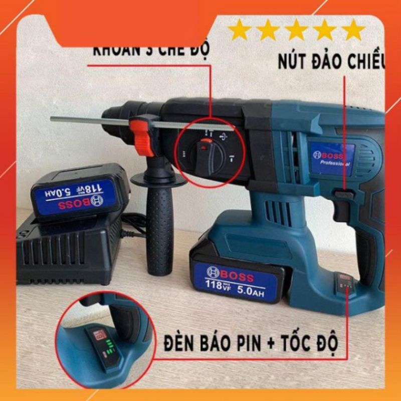 náy khoan,đục bê tông chạy pin BOSS 118V ,3 chức năng 2 pin chuẩn 10 sell mô tơ 100% đồng