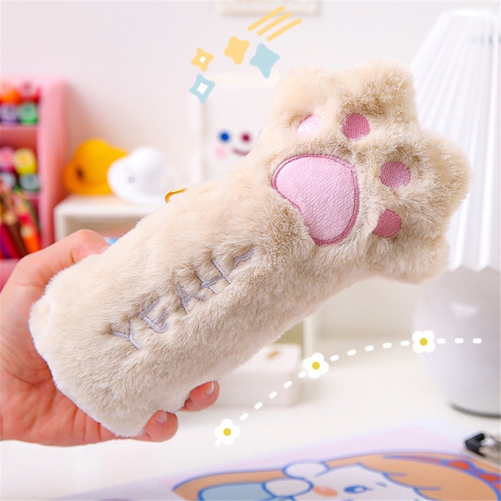 Túi Đựng Bút/ Mỹ Phẩm Hình Chân Mèo Phủ Lông Dễ Thương Sức Chứa Lớn Tiện Dụng Cho Trường Học/ Văn Phòng