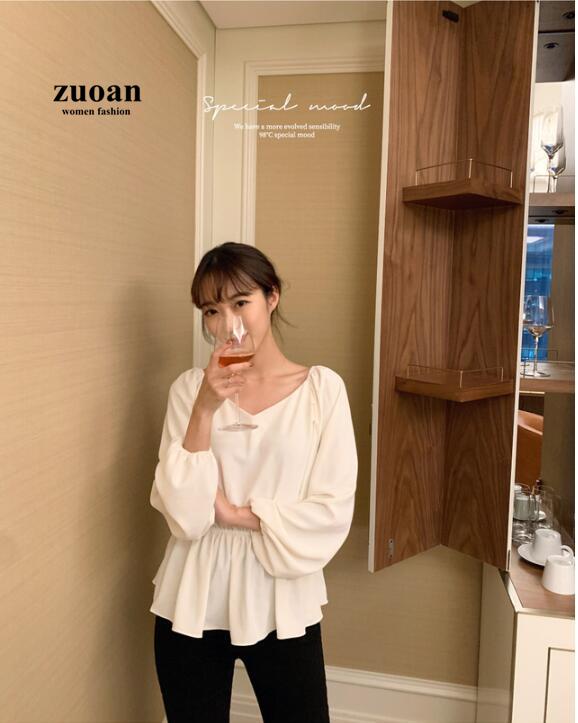 SUXI Áo Sơ Mi Tay Dài Cổ Chữ V Màu Trơn Thiết Kế Đơn Giản Phong Cách Hàn Quốc