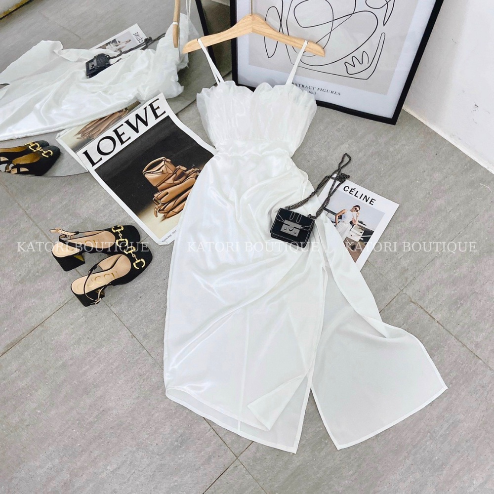 Đầm Trắng 2S Xếp Ly Ngực Phồng Xẻ Đùi