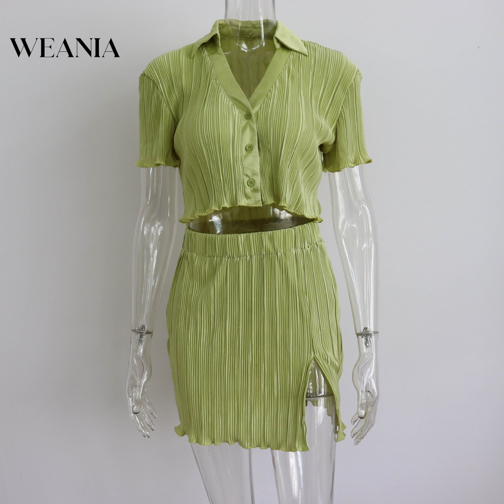 Bộ Áo Sơ Mi Ngắn Tay Xếp Ly Dáng Rộng + Chân Váy Xẻ Tà Xinh Xắn Dành Cho Nữ