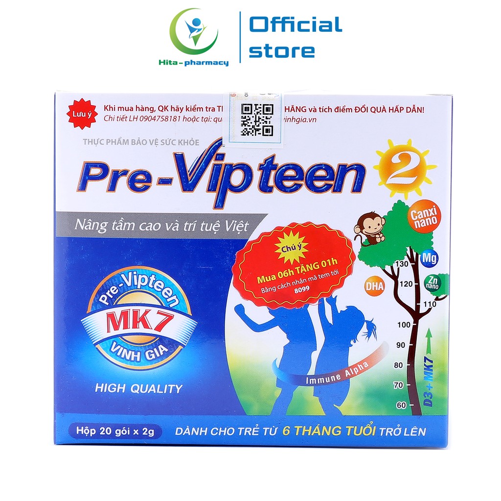 Pre-Vipteen 2 bổ sung calci và dưỡng chất cho trẻ từ 6 tháng tuổi Hộp 20 gói