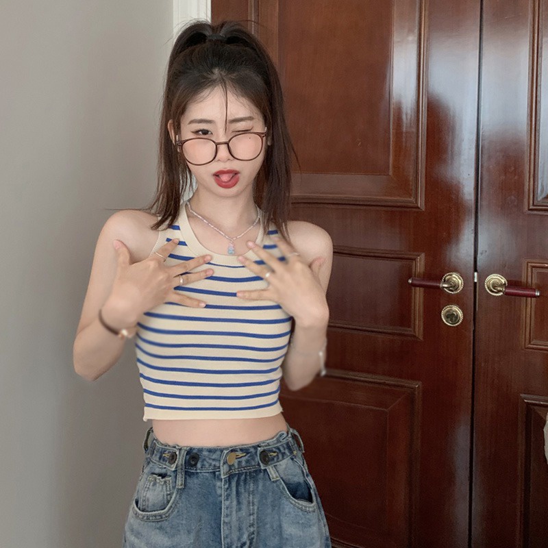Áo Tank Top Dệt Kim Cổ Tròn Hoạ Tiết Kẻ Sọc Thời Trang Dành Cho Nữ