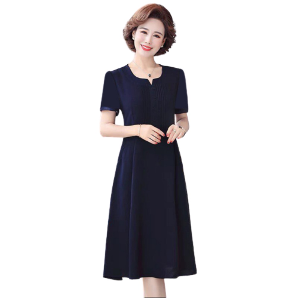 Đầm trung niên dự tiệc u50 sang trọng Thiên Tú kiểu cổ tròn tay ngắn chất voan lụa mát mẻ dài đến cổ chân