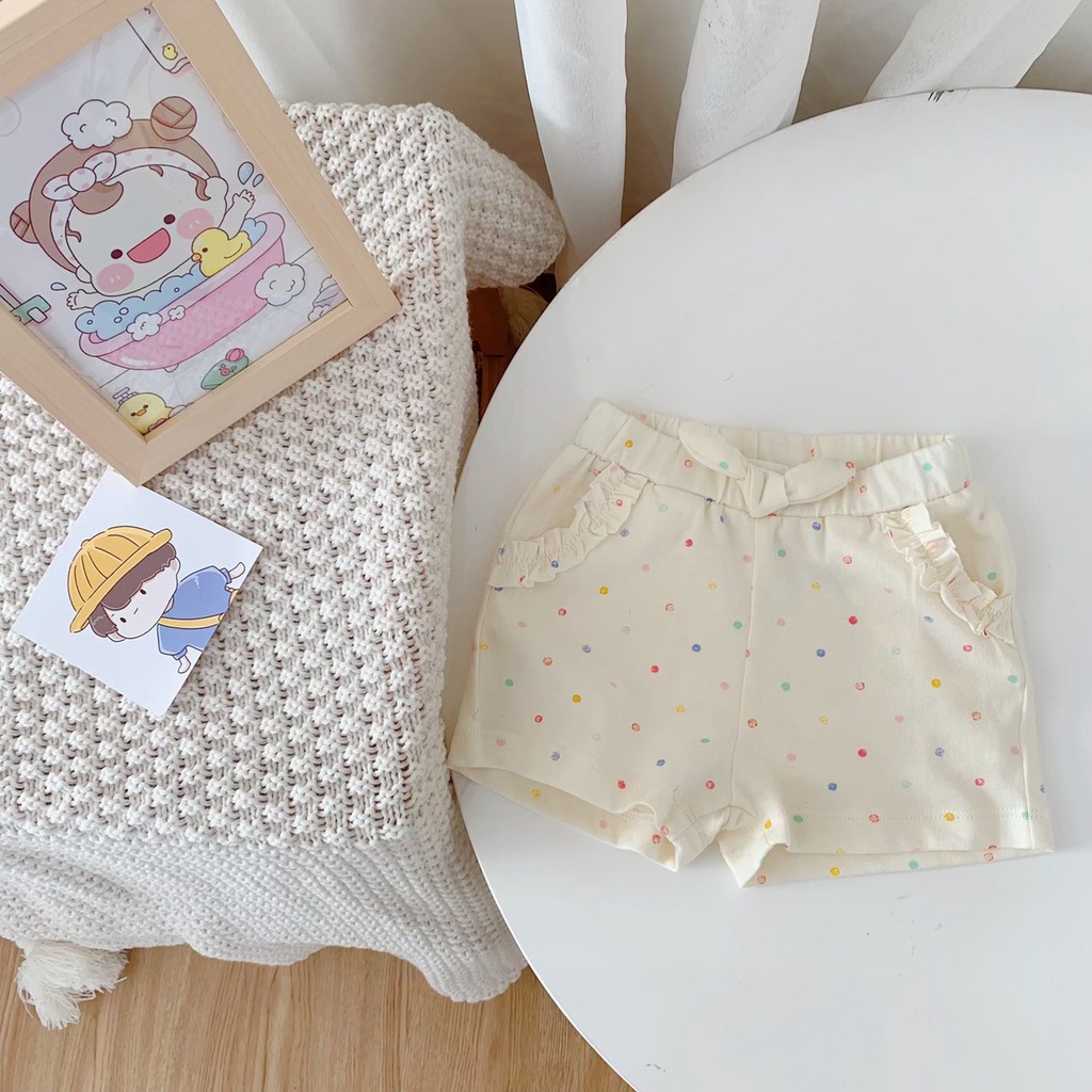 Quần sooc bé gái vải cotton mềm mát hoạ tiết đính nơ Beemo BM08