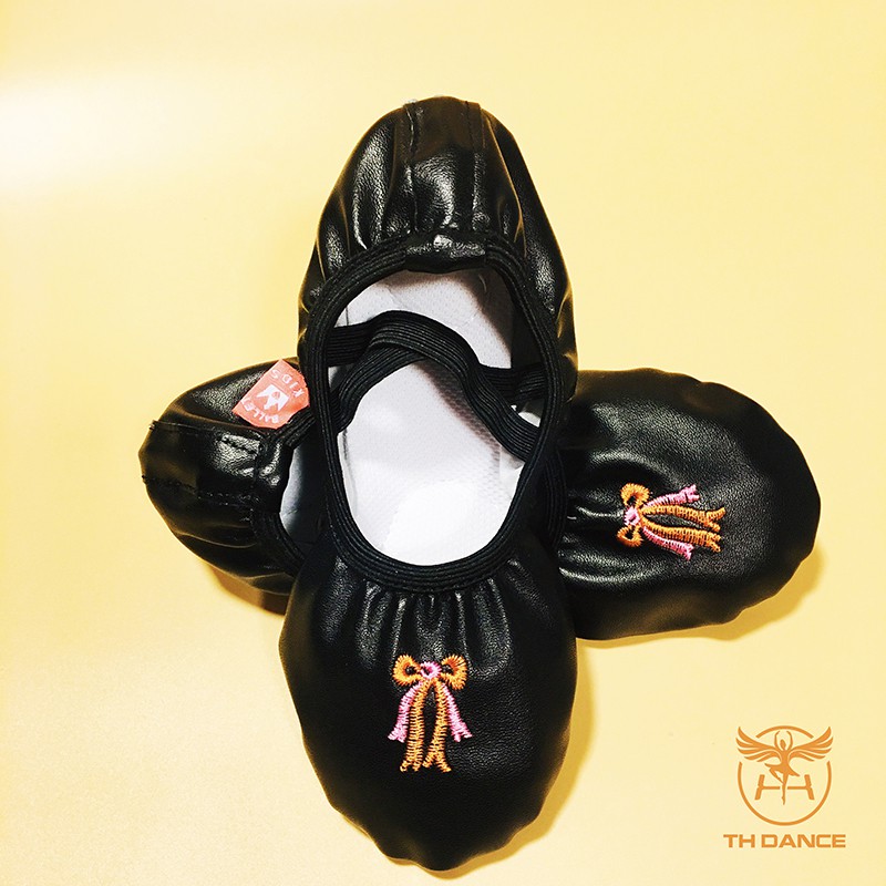 Giày múa bale cho bé - Giày múa da màu đen thêu nơ KDH02