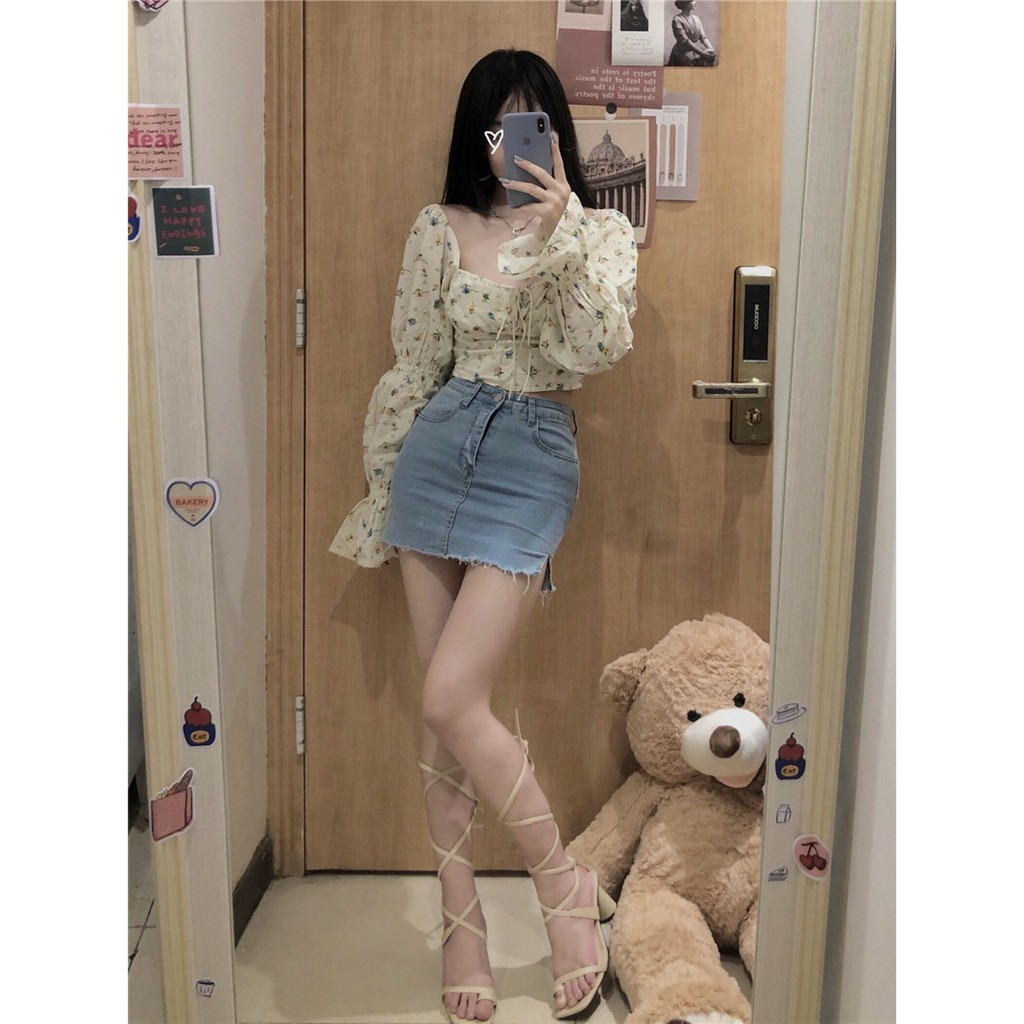 Áo ngắn tay dài Hoạ Tiết Hoa Phong Cách Hàn Quốc dễ thương cho nữ, áo crotop nữ họa tiết hoa nhí, áo trễ vai tiểu thư st